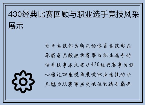 430经典比赛回顾与职业选手竞技风采展示